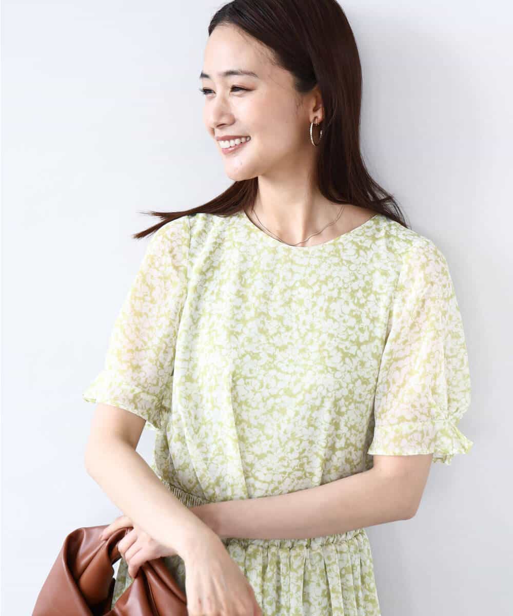 FKBJA07140 MK MICHEL KLEIN(MK ミッシェルクラン) 小花柄タックスリーブシフォンブラウス/洗える ブラック