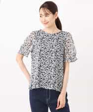 FKBJA07140 MK MICHEL KLEIN(MK ミッシェルクラン) 小花柄タックスリーブシフォンブラウス/洗える ブラック