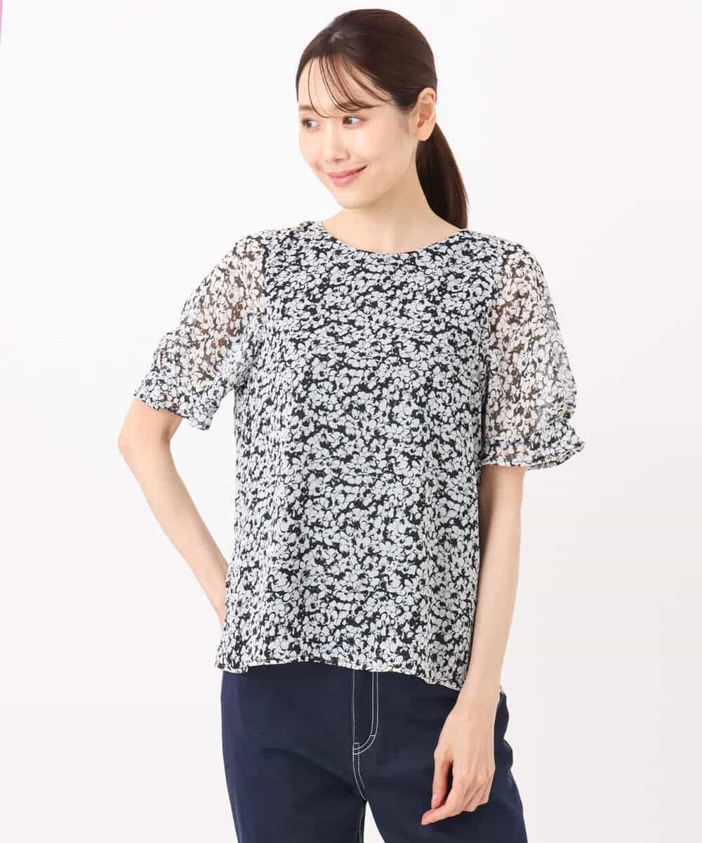 FKBJA07140 MK MICHEL KLEIN(MK ミッシェルクラン) 小花柄タックスリーブシフォンブラウス/洗える ブラック
