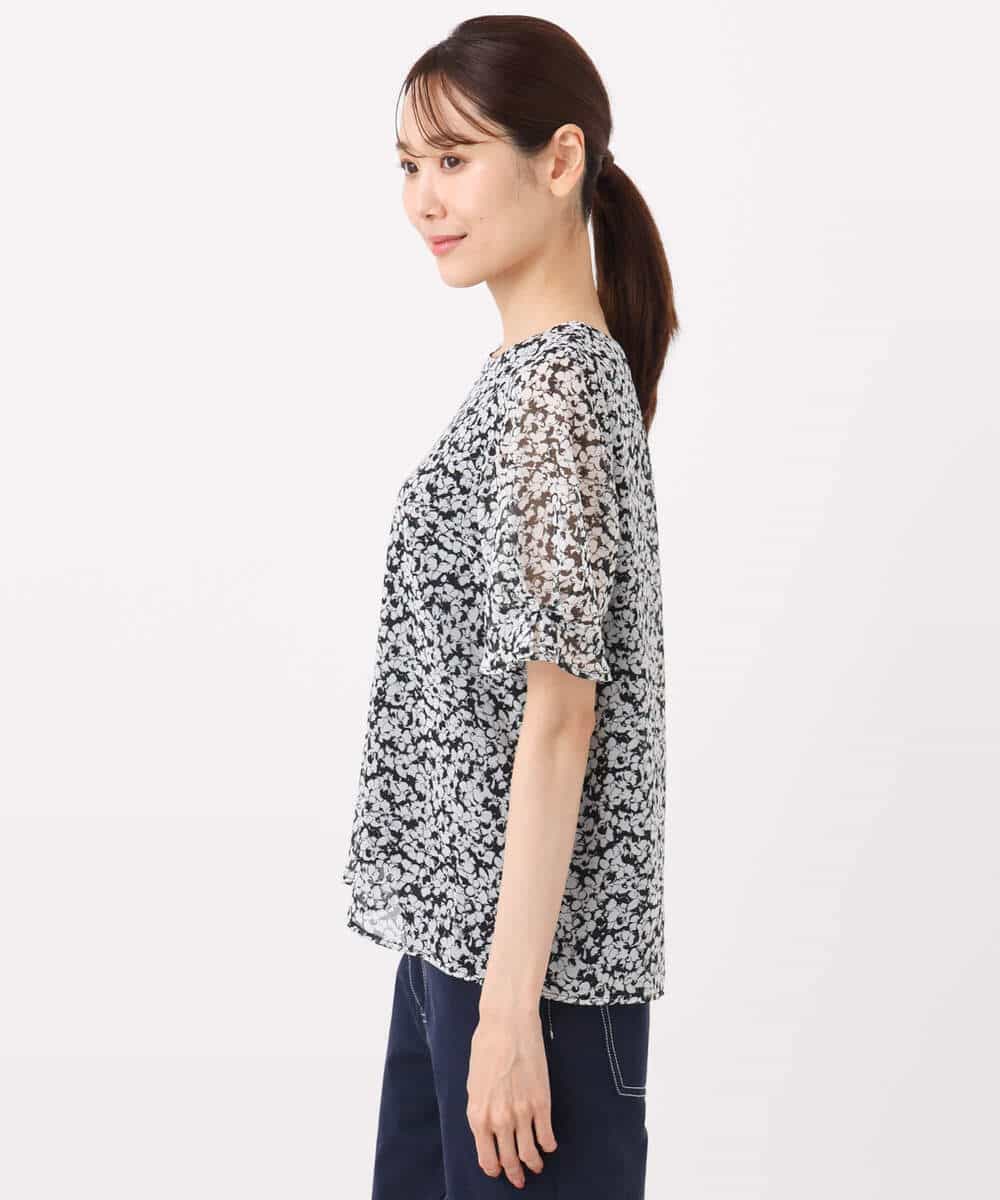 FKBJA07140 MK MICHEL KLEIN(MK ミッシェルクラン) 小花柄タックスリーブシフォンブラウス/洗える ブラック