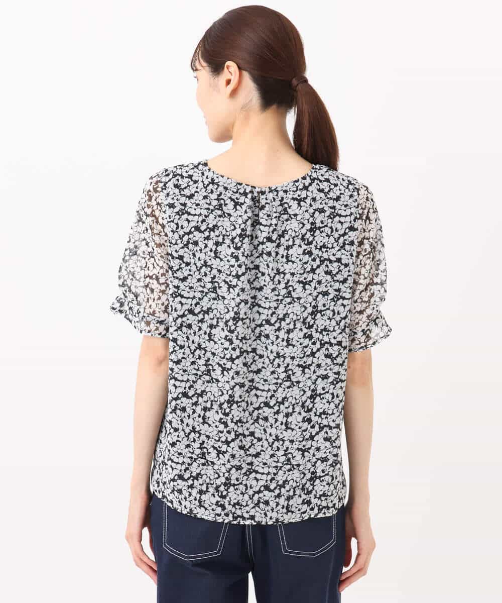 FKBJA07140 MK MICHEL KLEIN(MK ミッシェルクラン) 小花柄タックスリーブシフォンブラウス/洗える ブラック