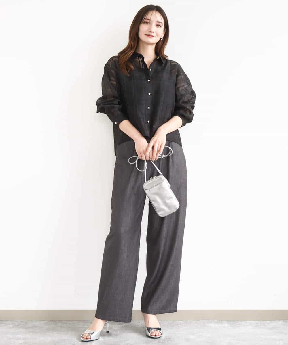 FKBJA85150 MK MICHEL KLEIN(MK ミッシェルクラン) シアードビーチェックシャツブラウス/洗える グレー