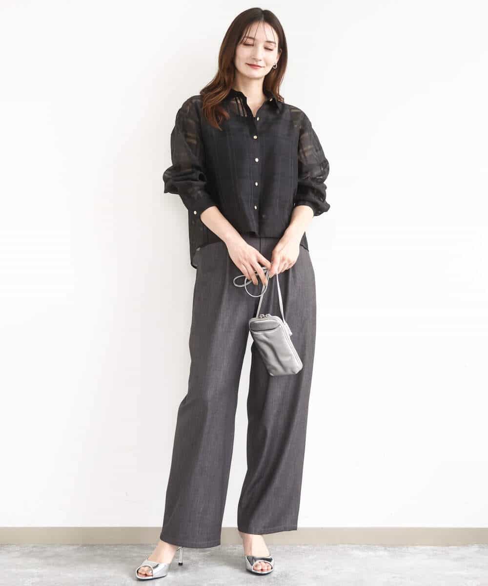 FKBJA85150 MK MICHEL KLEIN(MK ミッシェルクラン) シアードビーチェックシャツブラウス/洗える グレー