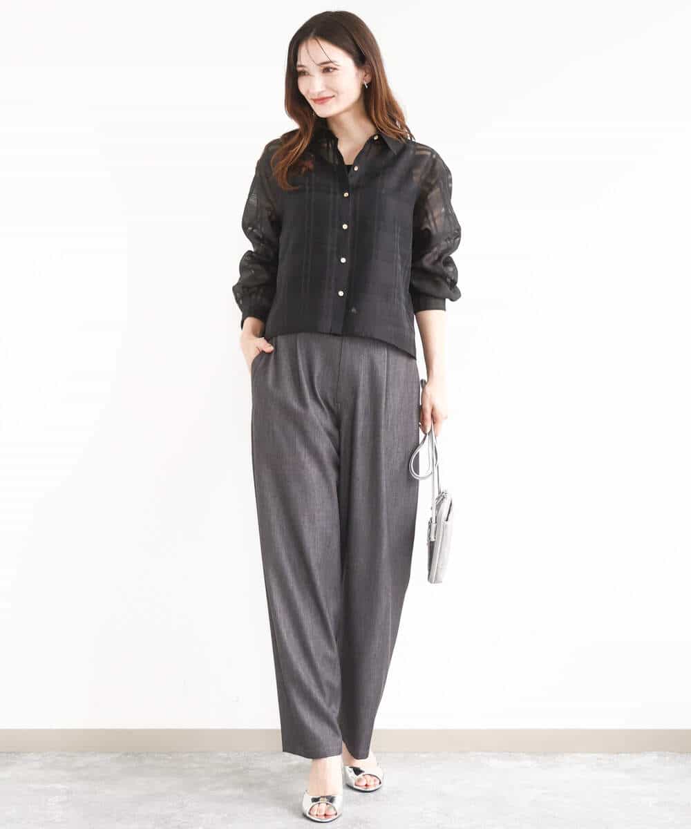 FKBJA85150 MK MICHEL KLEIN(MK ミッシェルクラン) シアードビーチェックシャツブラウス/洗える グレー