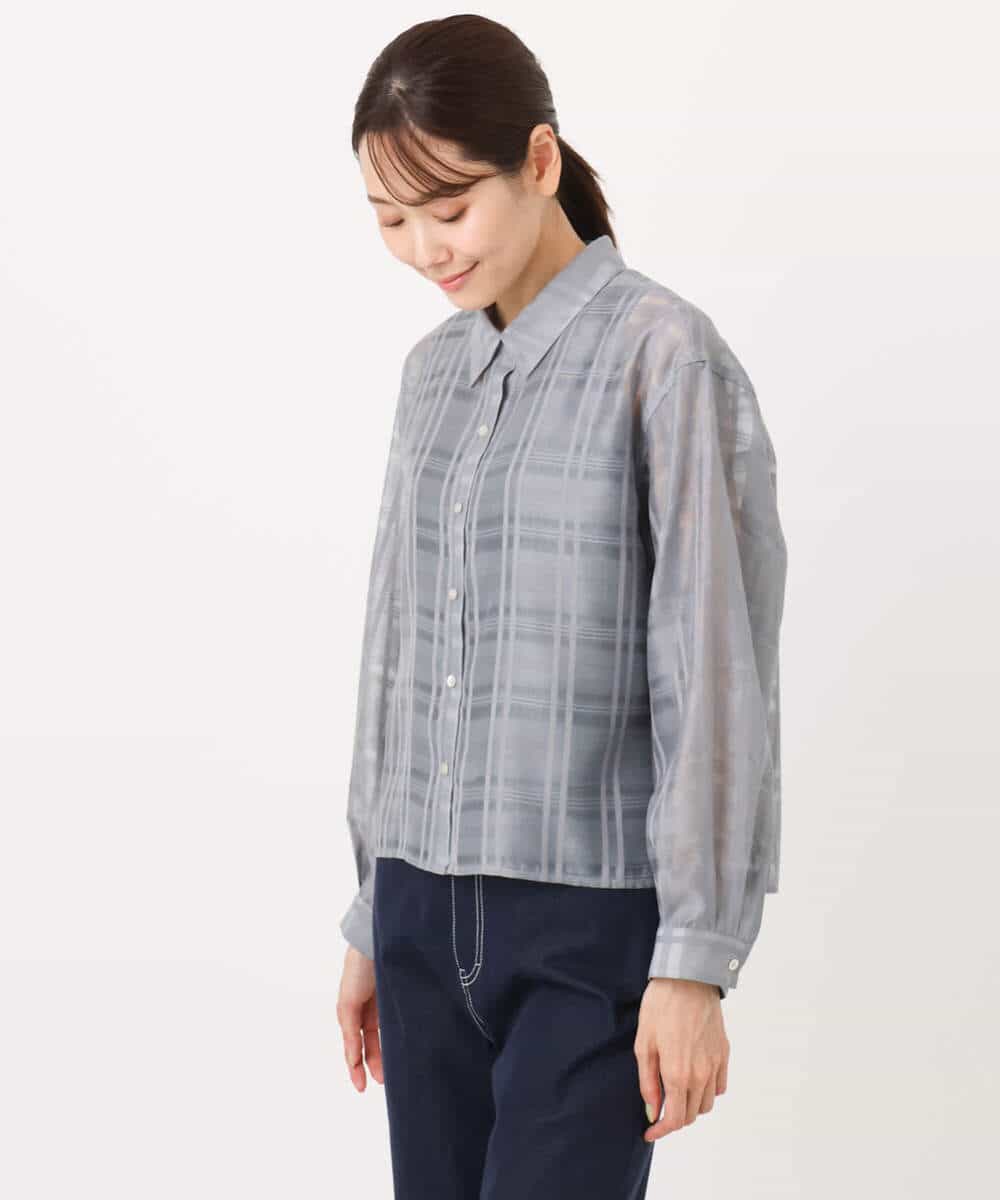 FKBJA85150 MK MICHEL KLEIN(MK ミッシェルクラン) シアードビーチェックシャツブラウス/洗える グレー