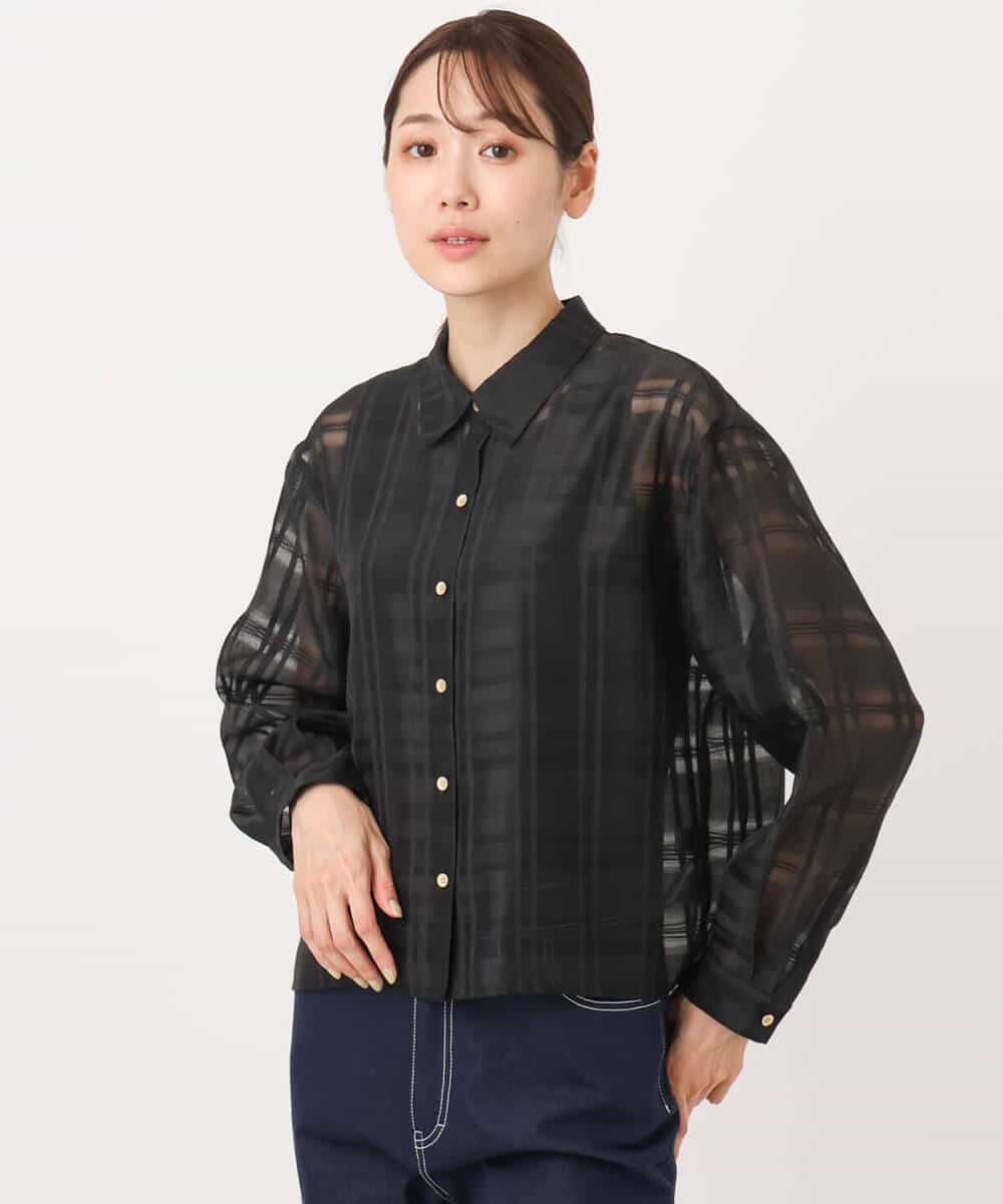 FKBJA85150 MK MICHEL KLEIN(MK ミッシェルクラン) シアードビーチェックシャツブラウス/洗える グレー