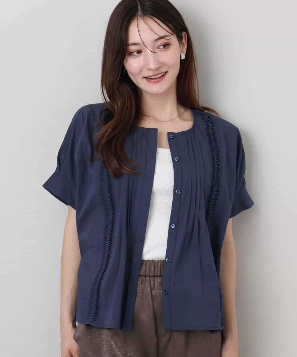 FKBJA87150 MK MICHEL KLEIN(MK ミッシェルクラン) コットンボイルピンタックデザインブラウス/洗える ネイビー