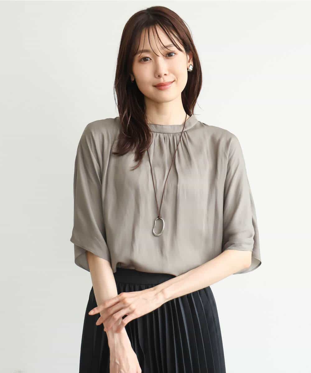 FKBJD35150 MK MICHEL KLEIN(MK ミッシェルクラン) [UVカット/接触冷感/洗える]五分袖ドルマンスリーブサテンブラウス ダークグレー