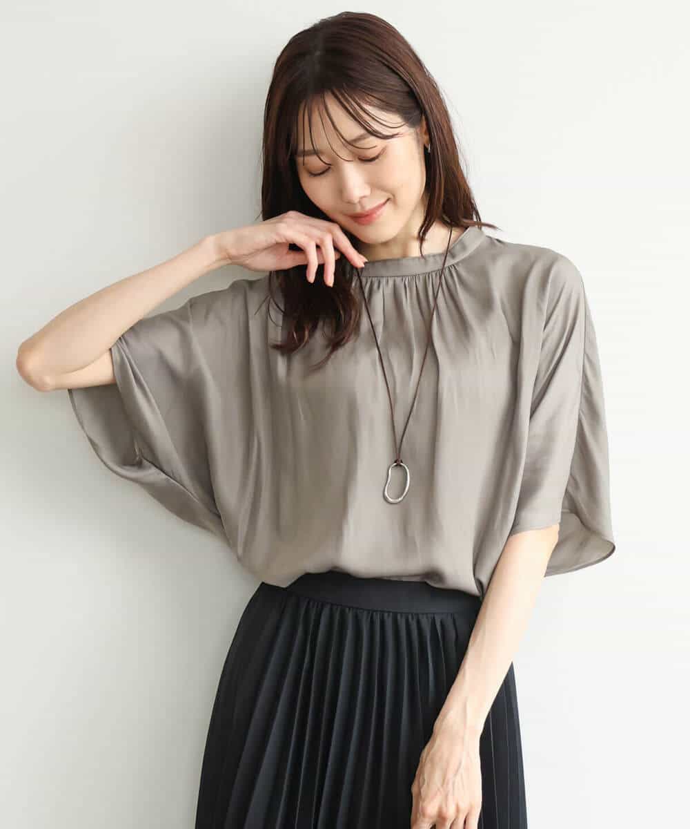 FKBJD35150 MK MICHEL KLEIN(MK ミッシェルクラン) [UVカット/接触冷感/洗える]五分袖ドルマンスリーブサテンブラウス ダークグレー