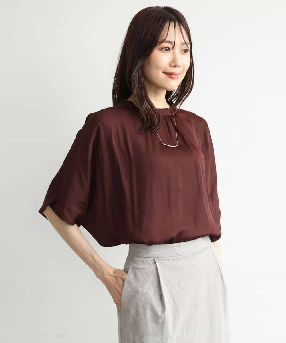 FKBJD35150 MK MICHEL KLEIN(MK ミッシェルクラン) [UVカット/接触冷感/洗える]五分袖ドルマンスリーブサテンブラウス ダークグレー