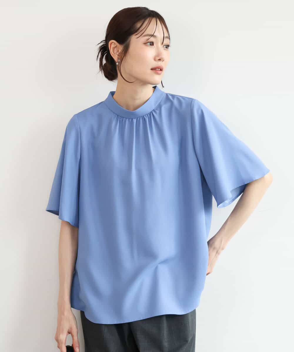 FKBJD36160 MK MICHEL KLEIN(MK ミッシェルクラン) [洗える]レースボウタイ付きスタンドネックブラウス ライトブルー