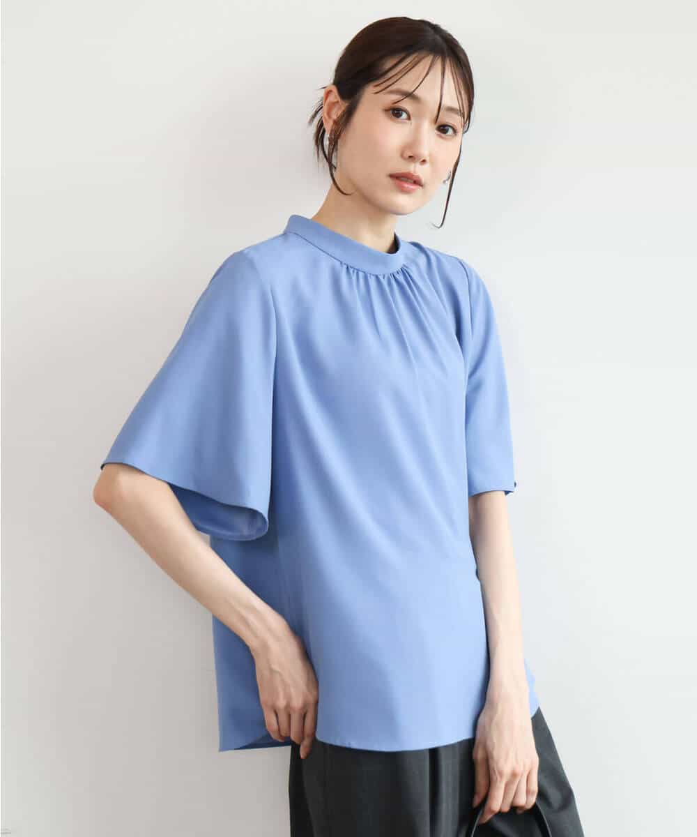 FKBJD36160 MK MICHEL KLEIN(MK ミッシェルクラン) [洗える]レースボウタイ付きスタンドネックブラウス ライトブルー