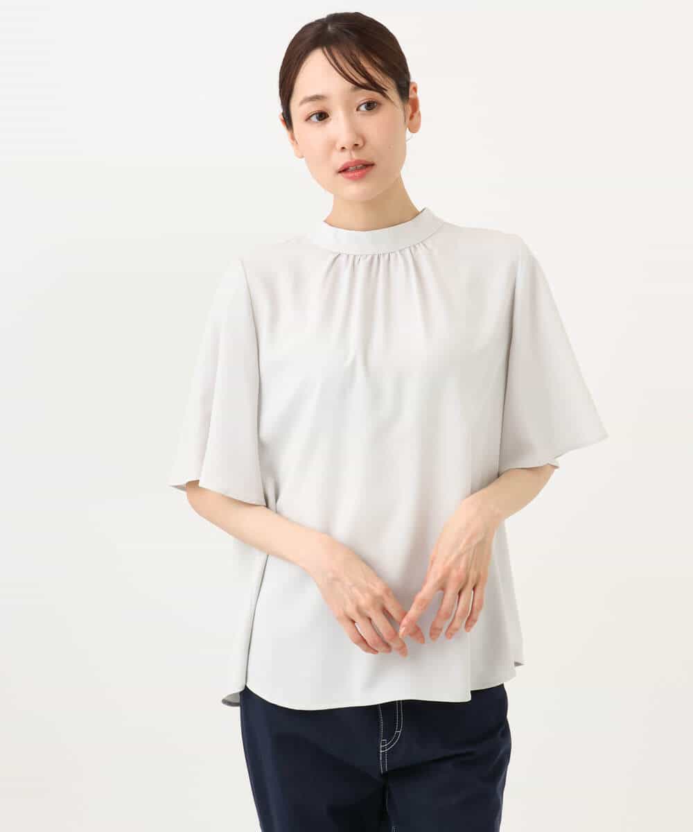 FKBJD36160 MK MICHEL KLEIN(MK ミッシェルクラン) [洗える]レースボウタイ付きスタンドネックブラウス ライトブルー