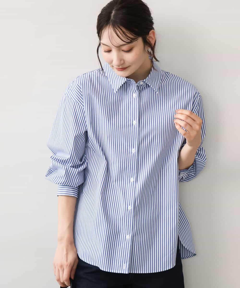 FKBJE27140 MK MICHEL KLEIN(MK ミッシェルクラン) [防シワ/洗える]コットン混ベーシックシャツ（ストライプ） ブルー