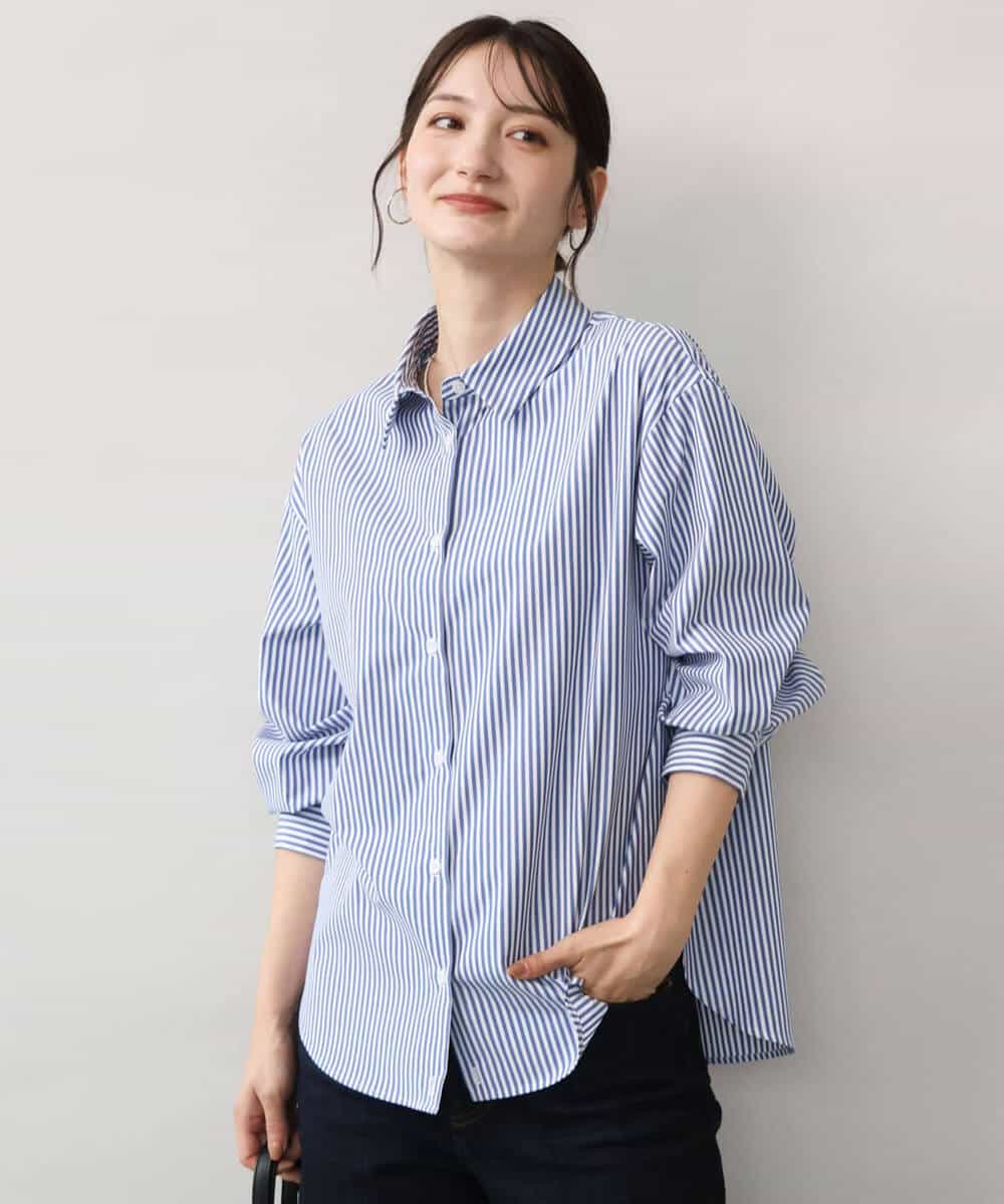 FKBJE27140 MK MICHEL KLEIN(MK ミッシェルクラン) [防シワ/洗える]コットン混ベーシックシャツ（ストライプ） ブルー