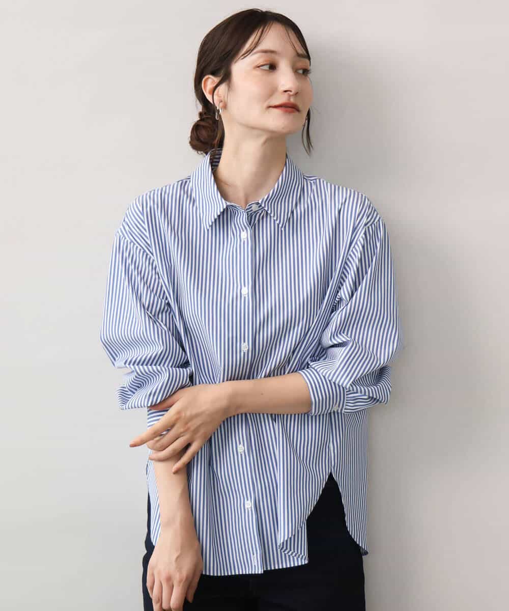 FKBJE27140 MK MICHEL KLEIN(MK ミッシェルクラン) [防シワ/洗える]コットン混ベーシックシャツ（ストライプ） ブルー