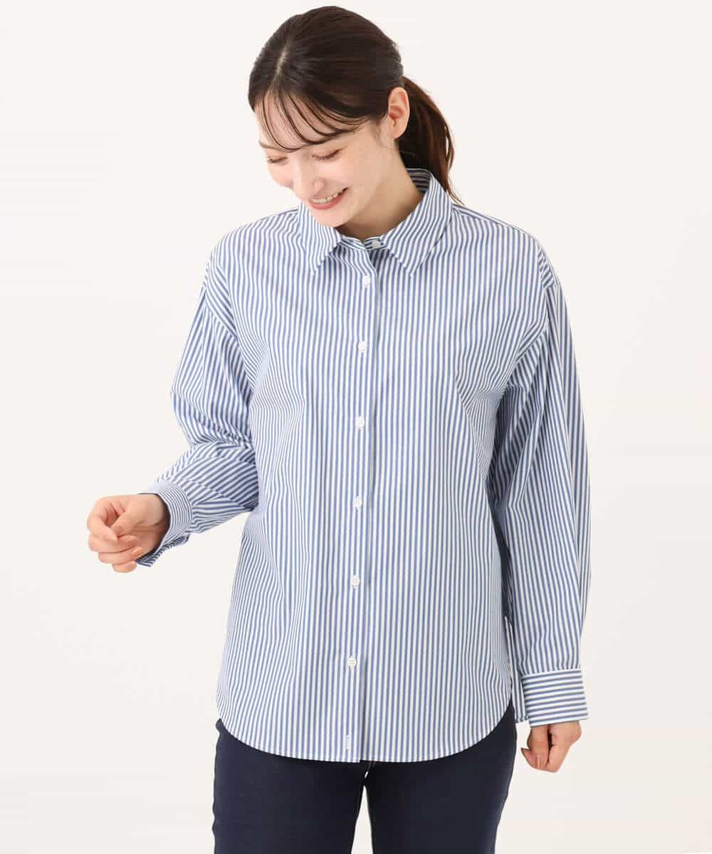 FKBJE27140 MK MICHEL KLEIN(MK ミッシェルクラン) [防シワ/洗える]コットン混ベーシックシャツ（ストライプ） ブルー