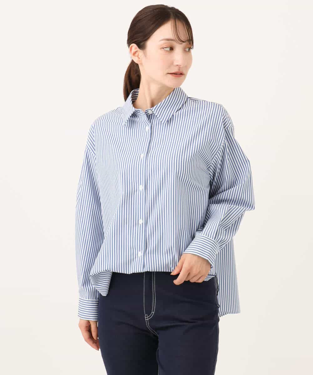 FKBJE27140 MK MICHEL KLEIN(MK ミッシェルクラン) [防シワ/洗える]コットン混ベーシックシャツ（ストライプ） ブルー
