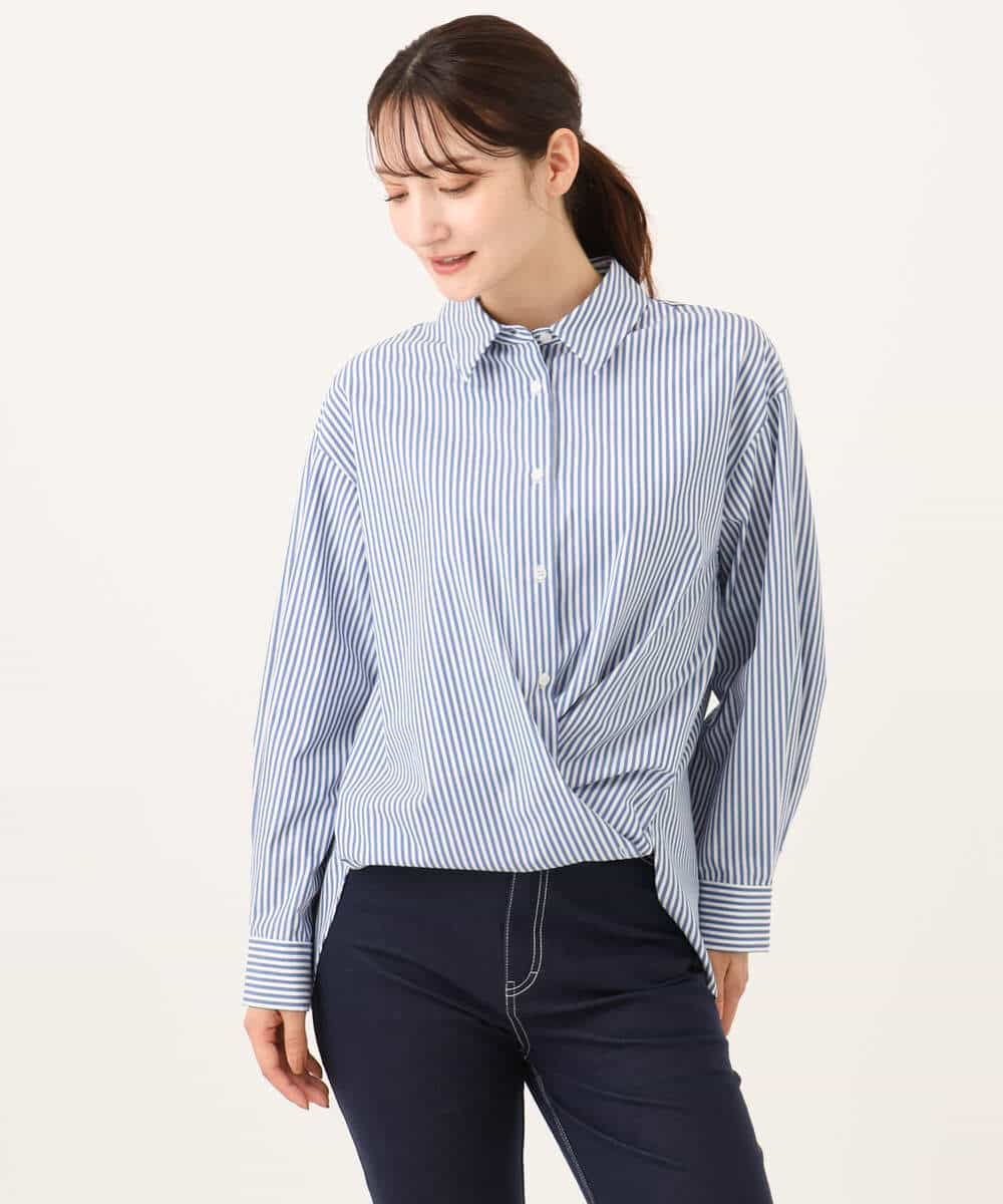 FKBJE27140 MK MICHEL KLEIN(MK ミッシェルクラン) [防シワ/洗える]コットン混ベーシックシャツ（ストライプ） ブルー
