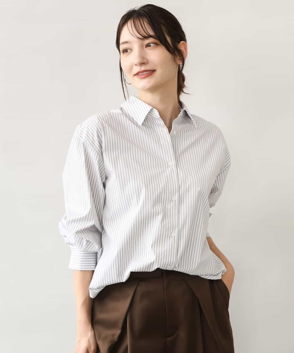 FKBJE27140 MK MICHEL KLEIN(MK ミッシェルクラン) [防シワ/洗える]コットン混ベーシックシャツ（ストライプ） ライトグレー