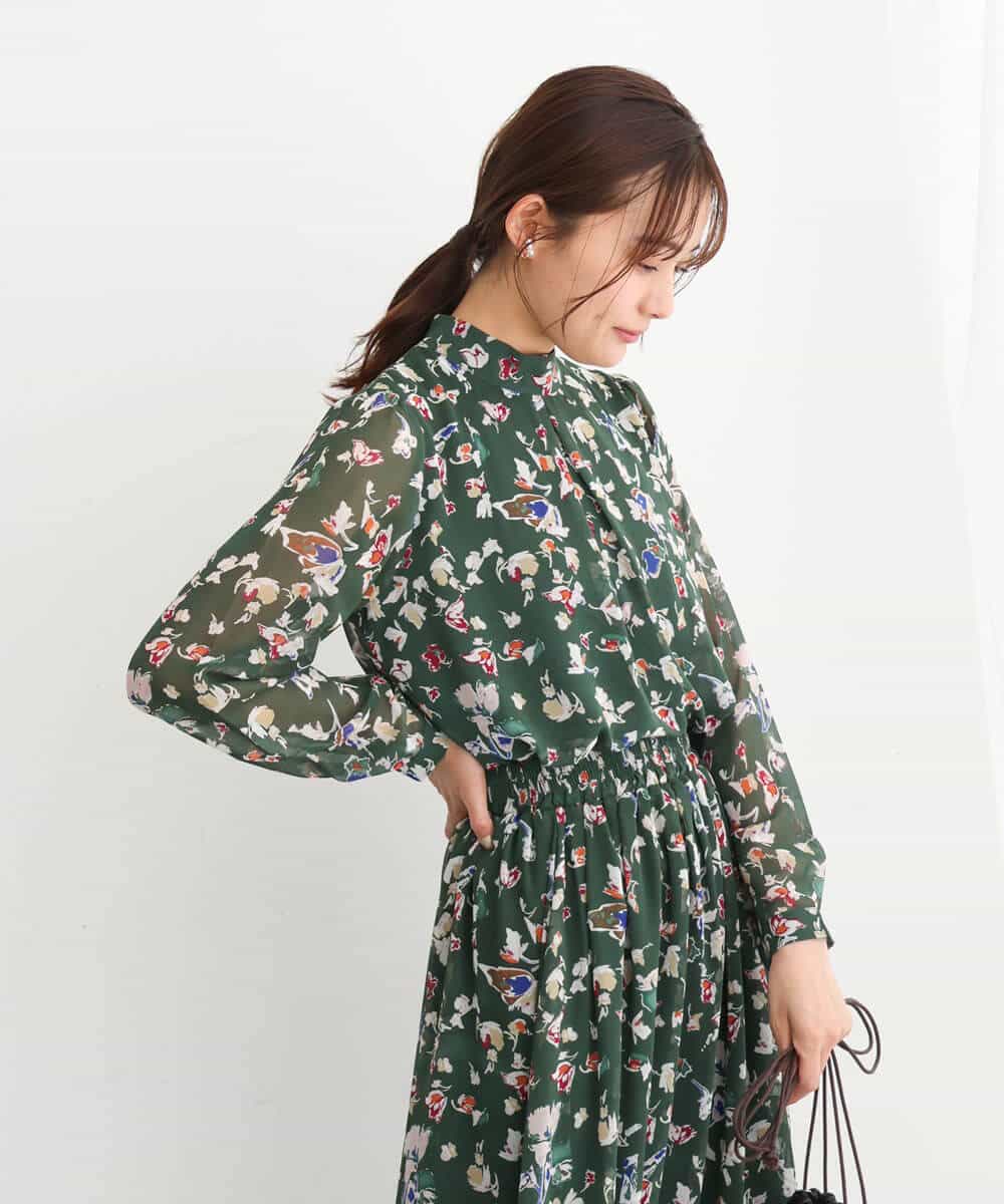 FKBJS07140 MK MICHEL KLEIN(MK ミッシェルクラン) アートフラワープリントシフォンブラウス/洗える ネイビー