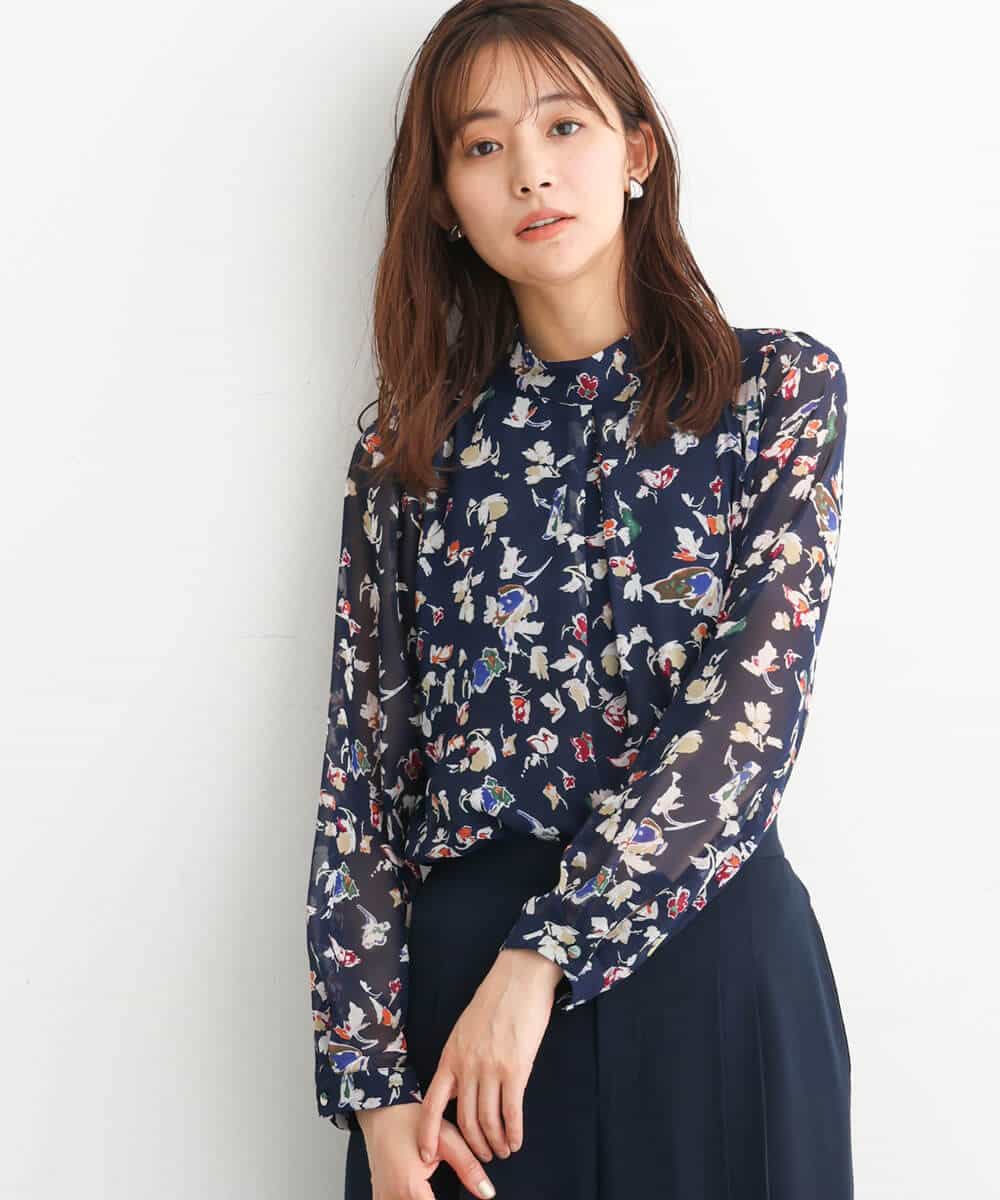 FKBJS07140 MK MICHEL KLEIN(MK ミッシェルクラン) アートフラワープリントシフォンブラウス/洗える ネイビー