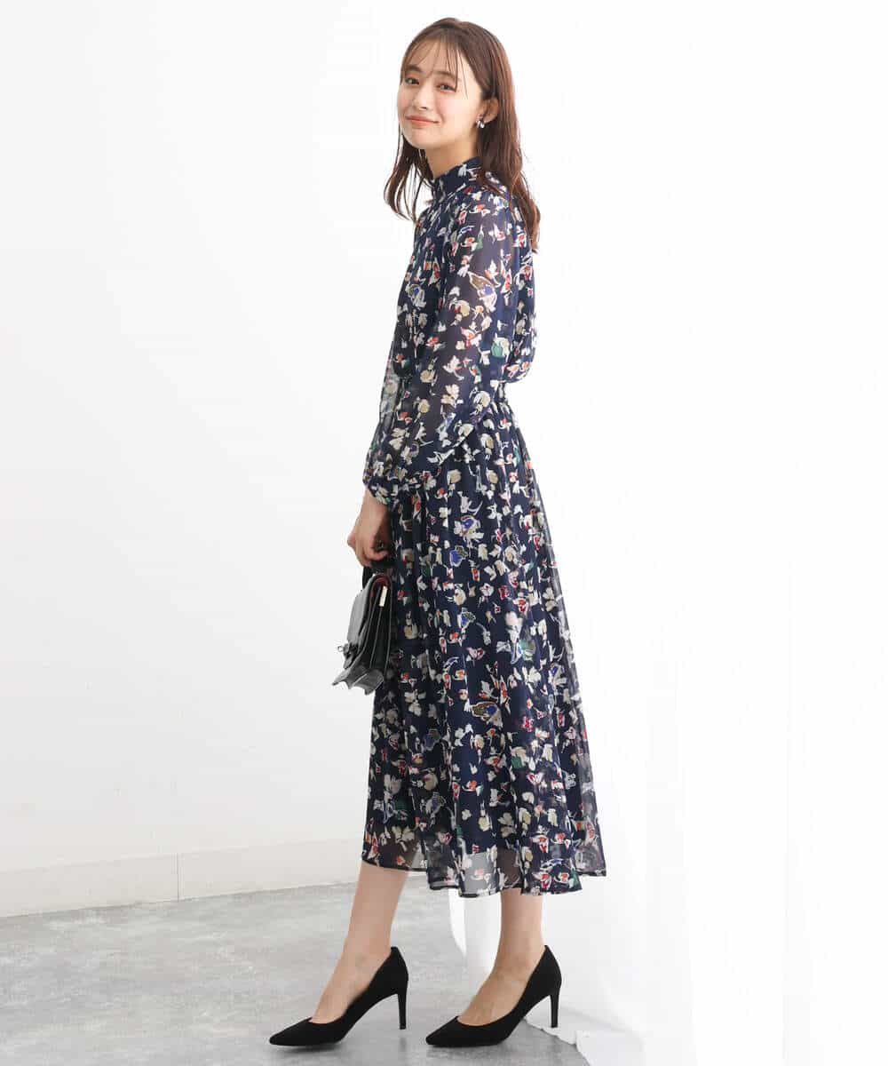 FKBJS07140 MK MICHEL KLEIN(MK ミッシェルクラン) アートフラワープリントシフォンブラウス/洗える ネイビー