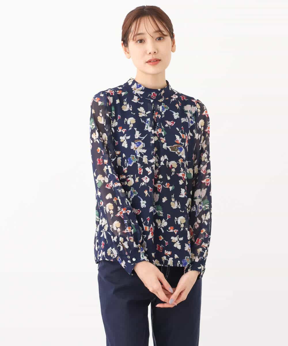 FKBJS07140 MK MICHEL KLEIN(MK ミッシェルクラン) アートフラワープリントシフォンブラウス/洗える ネイビー