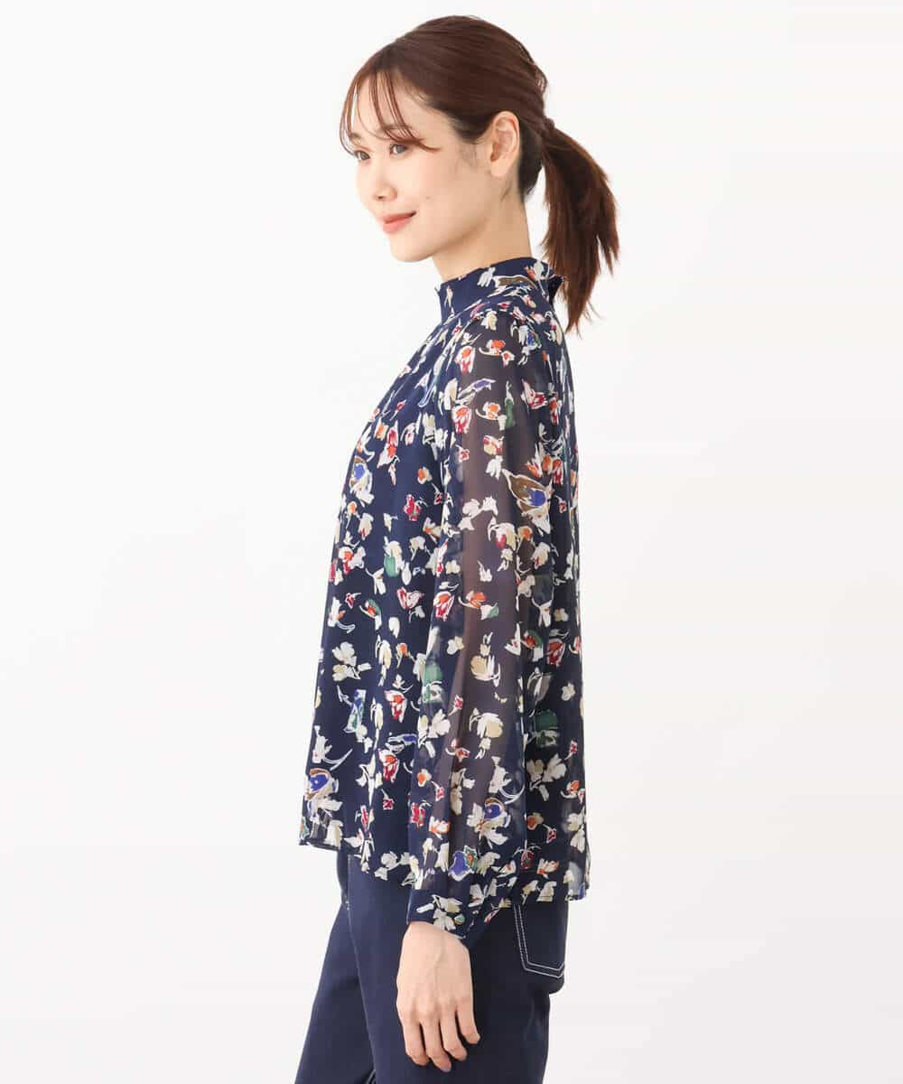 FKBJS07140 MK MICHEL KLEIN(MK ミッシェルクラン) アートフラワープリントシフォンブラウス/洗える ネイビー