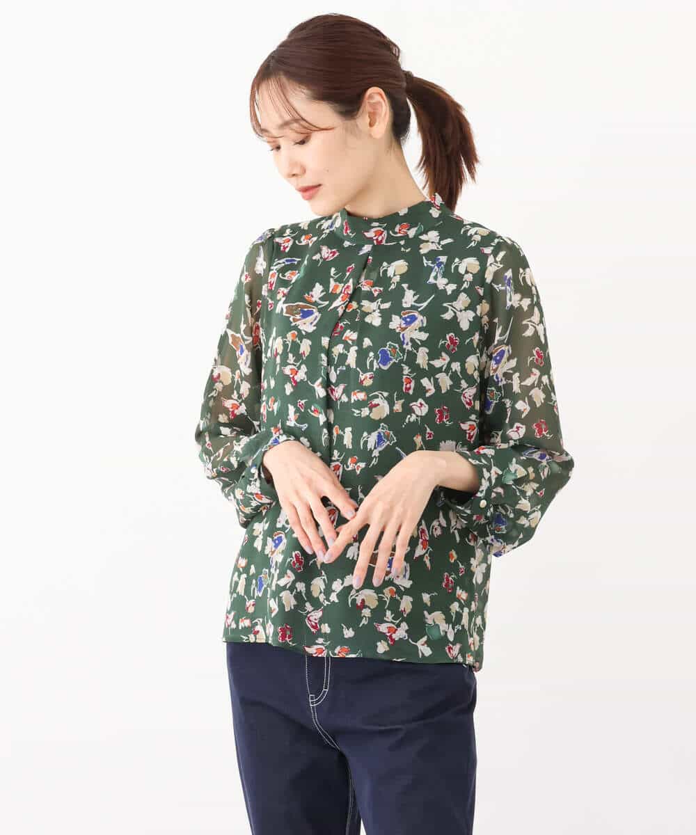 FKBJS07140 MK MICHEL KLEIN(MK ミッシェルクラン) アートフラワープリントシフォンブラウス/洗える ネイビー