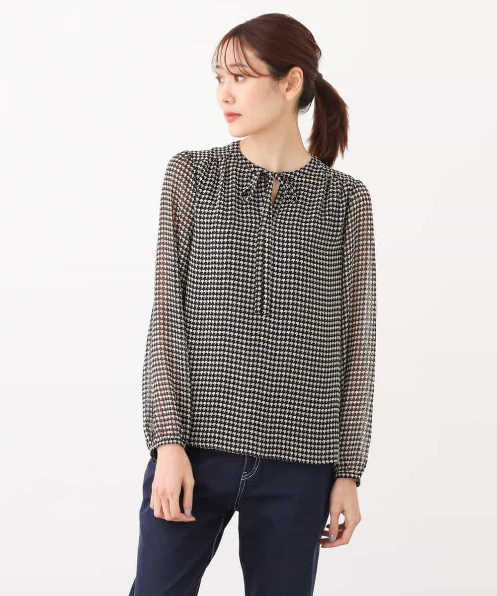 FKBJS08140 MK MICHEL KLEIN(MK ミッシェルクラン) クラシカル千鳥プリントブラウス/洗える ブラック