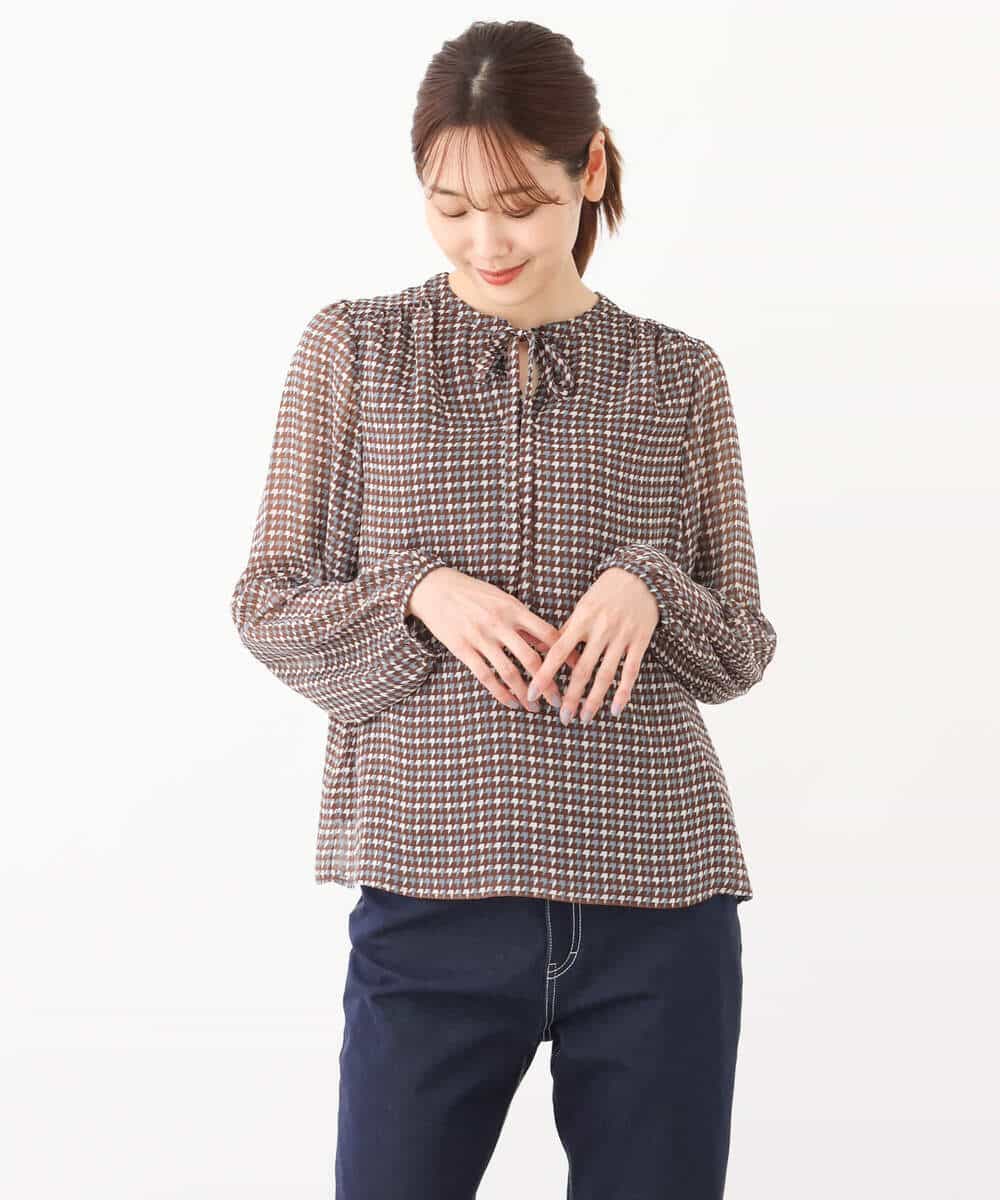 FKBJS08140 MK MICHEL KLEIN(MK ミッシェルクラン) クラシカル千鳥プリントブラウス/洗える ブラック