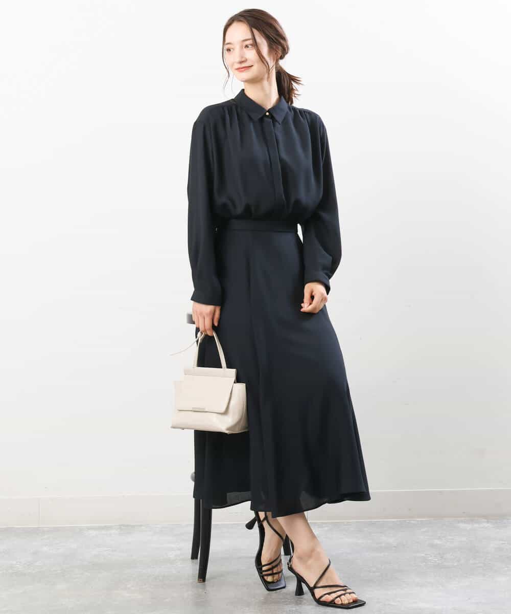 FKBJS28130 MK MICHEL KLEIN(MK ミッシェルクラン) ギャザーツイルシャツブラウス/洗える ブルー