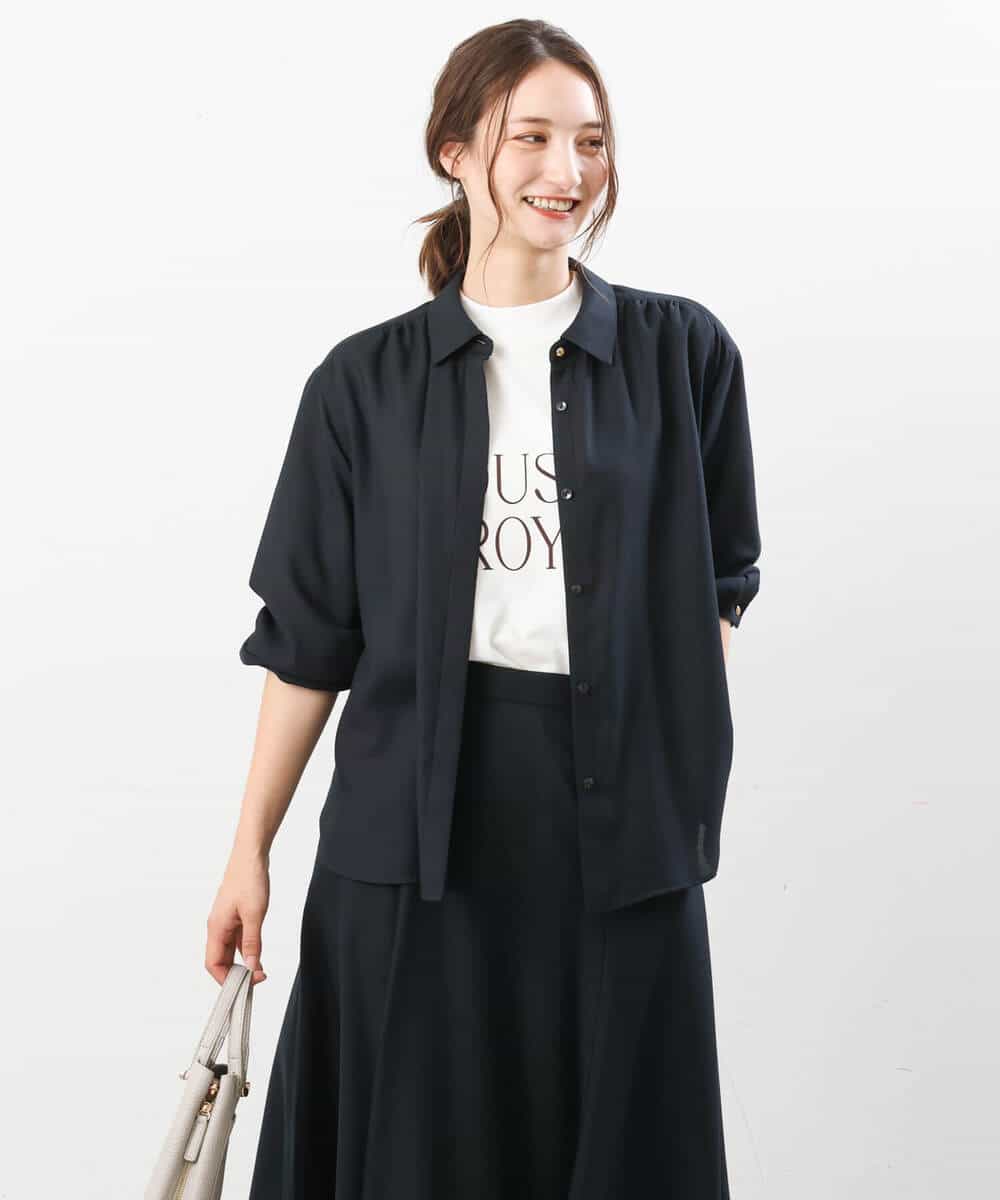 FKBJS28130 MK MICHEL KLEIN(MK ミッシェルクラン) ギャザーツイルシャツブラウス/洗える ブルー