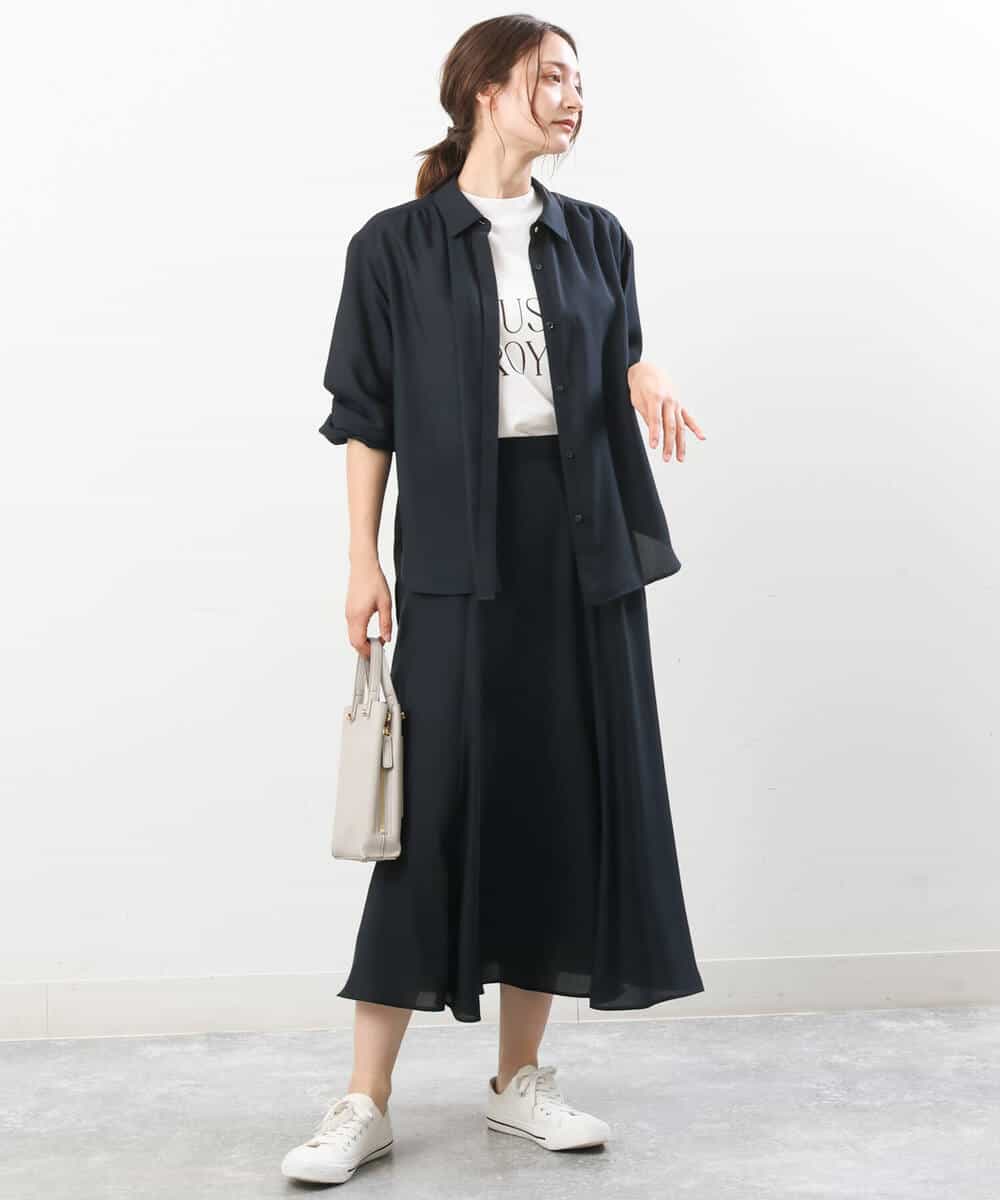 FKBJS28130 MK MICHEL KLEIN(MK ミッシェルクラン) ギャザーツイルシャツブラウス/洗える ブルー