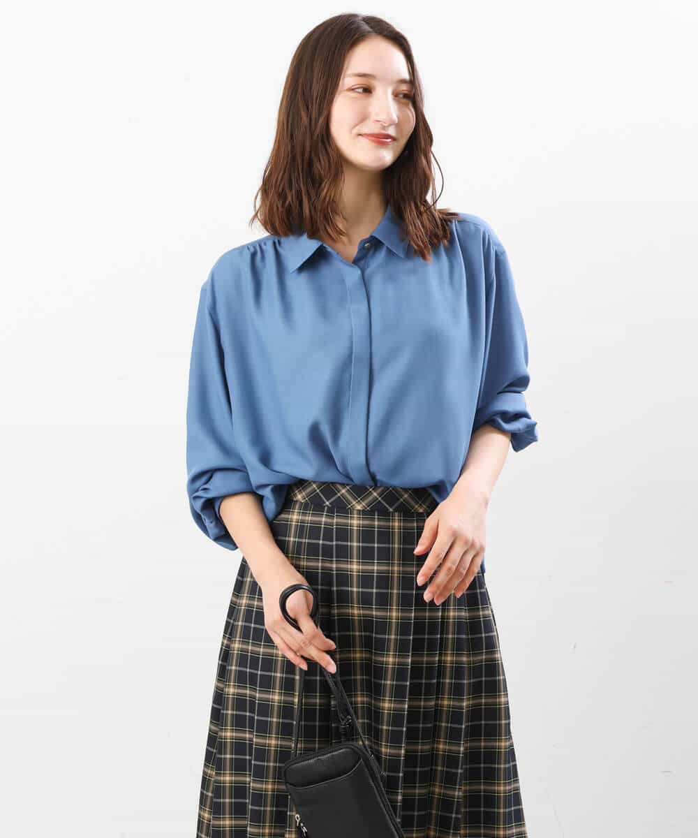 FKBJS28130 MK MICHEL KLEIN(MK ミッシェルクラン) ギャザーツイルシャツブラウス/洗える ブルー