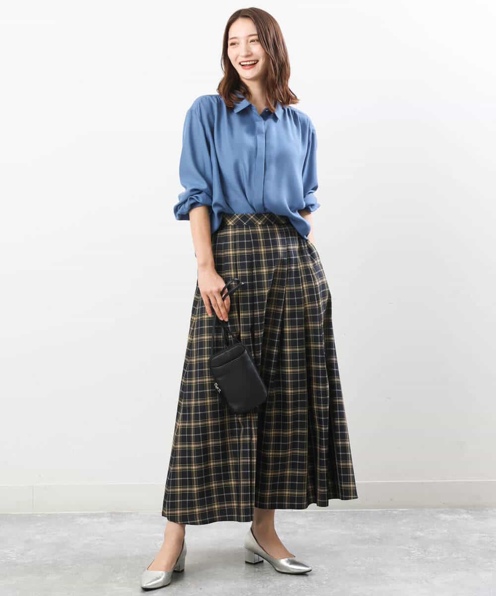 FKBJS28130 MK MICHEL KLEIN(MK ミッシェルクラン) ギャザーツイルシャツブラウス/洗える ブルー