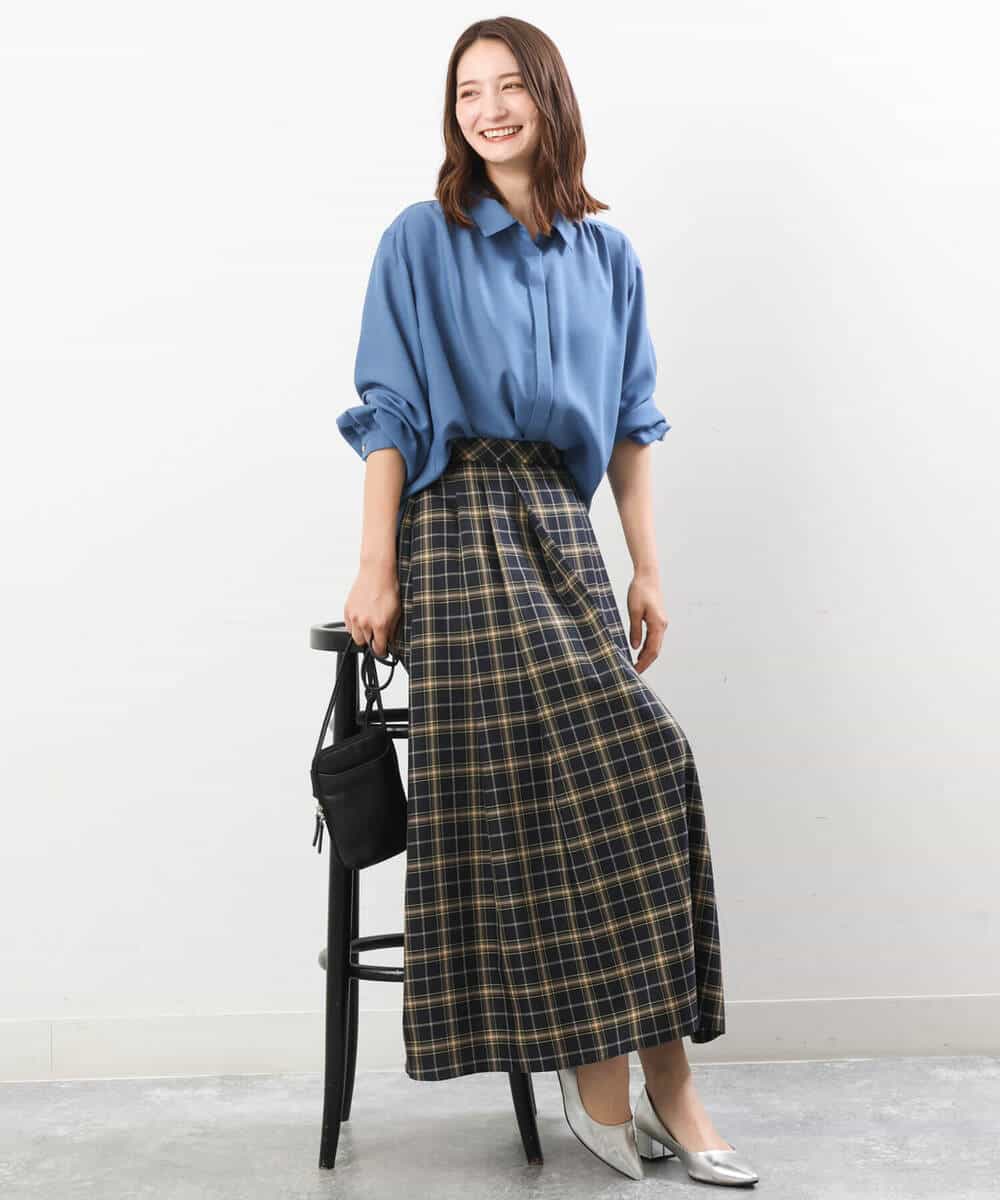FKBJS28130 MK MICHEL KLEIN(MK ミッシェルクラン) ギャザーツイルシャツブラウス/洗える ブルー
