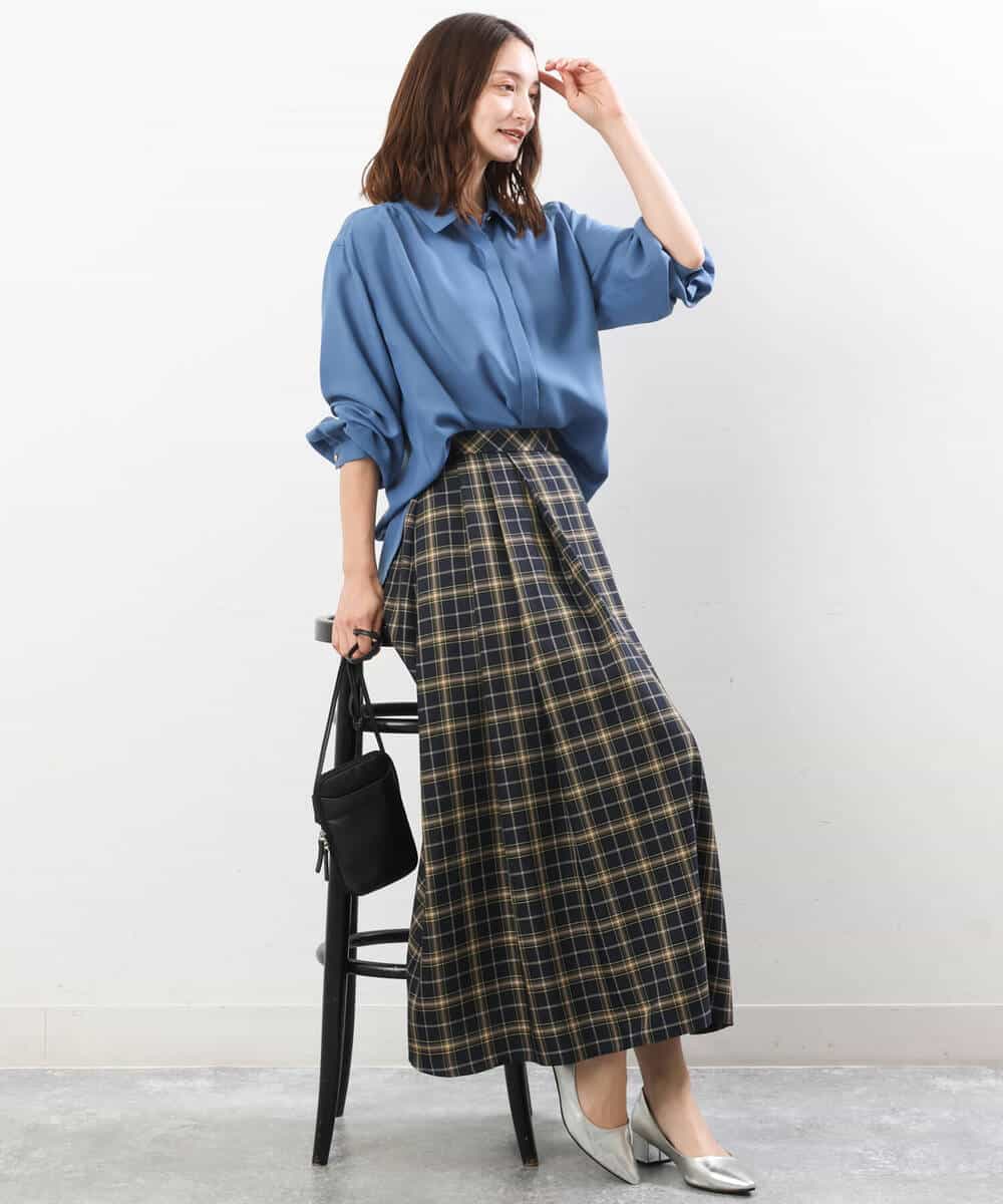 FKBJS28130 MK MICHEL KLEIN(MK ミッシェルクラン) ギャザーツイルシャツブラウス/洗える ブルー