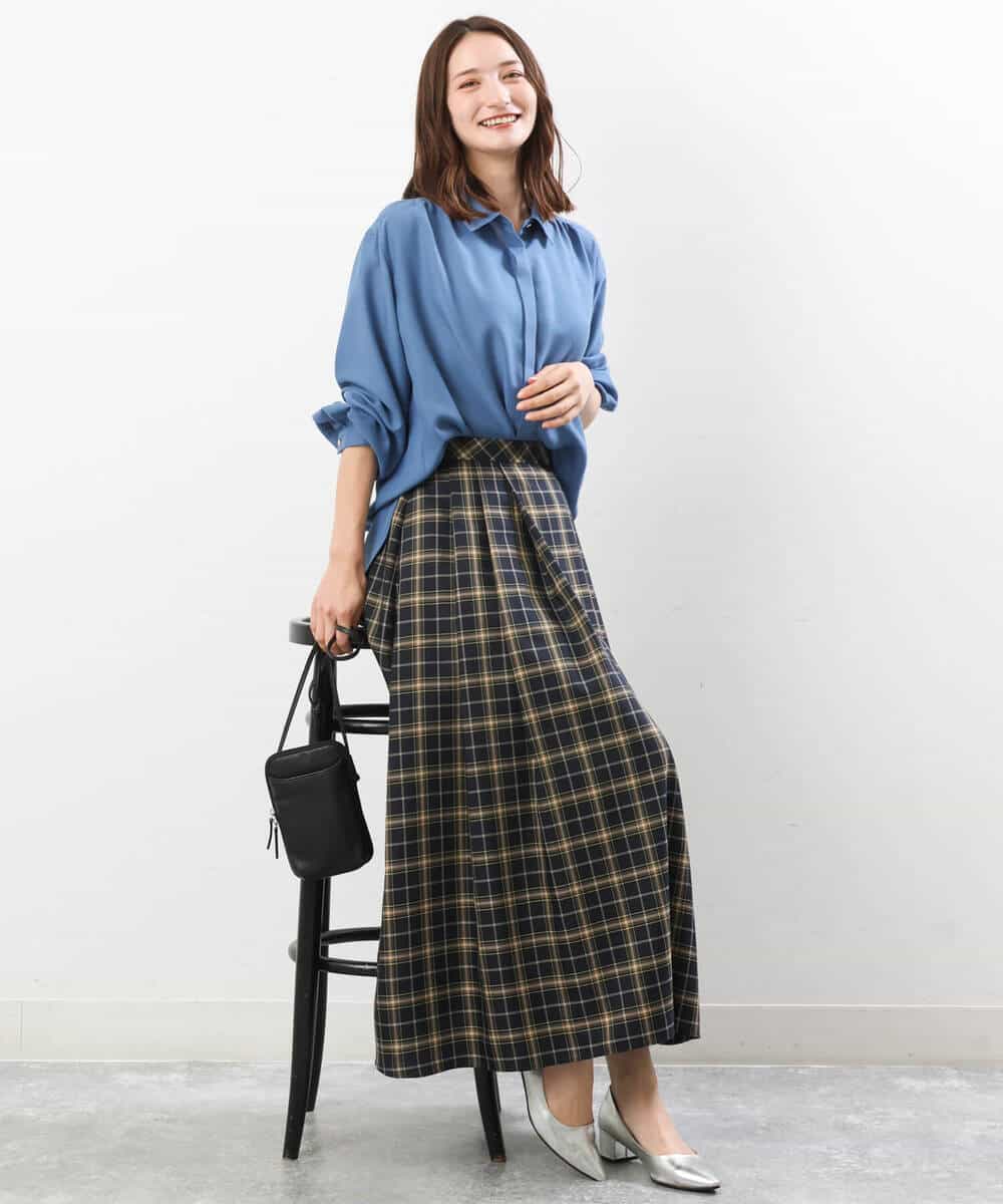 FKBJS28130 MK MICHEL KLEIN(MK ミッシェルクラン) ギャザーツイルシャツブラウス/洗える ブルー