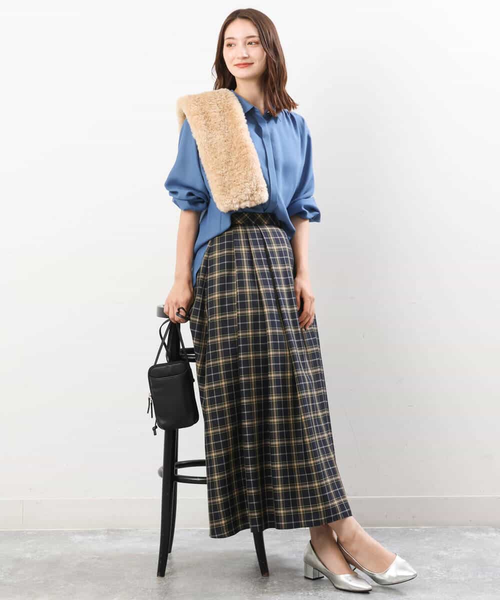 FKBJS28130 MK MICHEL KLEIN(MK ミッシェルクラン) ギャザーツイルシャツブラウス/洗える ブルー