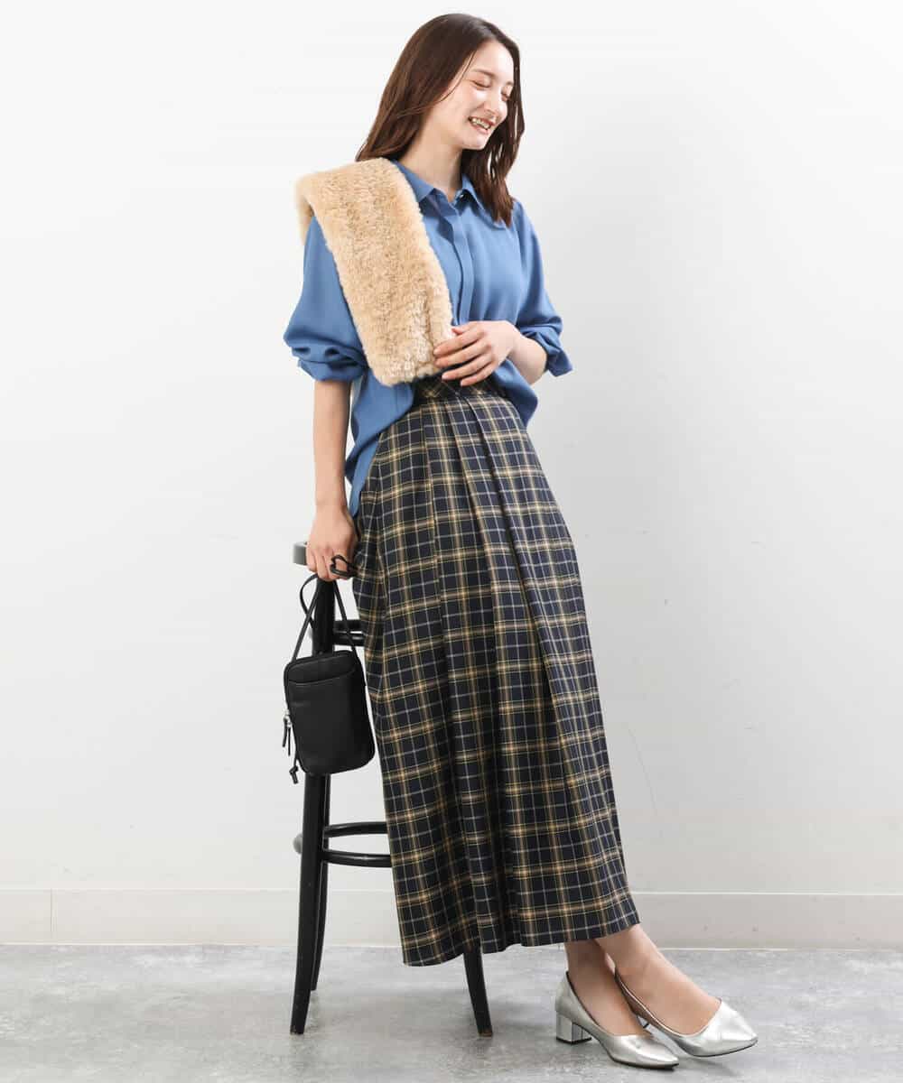 FKBJS28130 MK MICHEL KLEIN(MK ミッシェルクラン) ギャザーツイルシャツブラウス/洗える ブルー