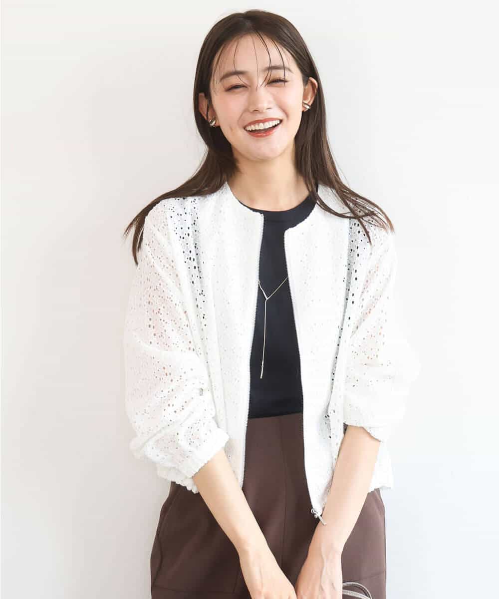 FKCGD40180 MK MICHEL KLEIN(MK ミッシェルクラン) 花柄ラッセルレースジップアップブルゾン/洗える ネイビー