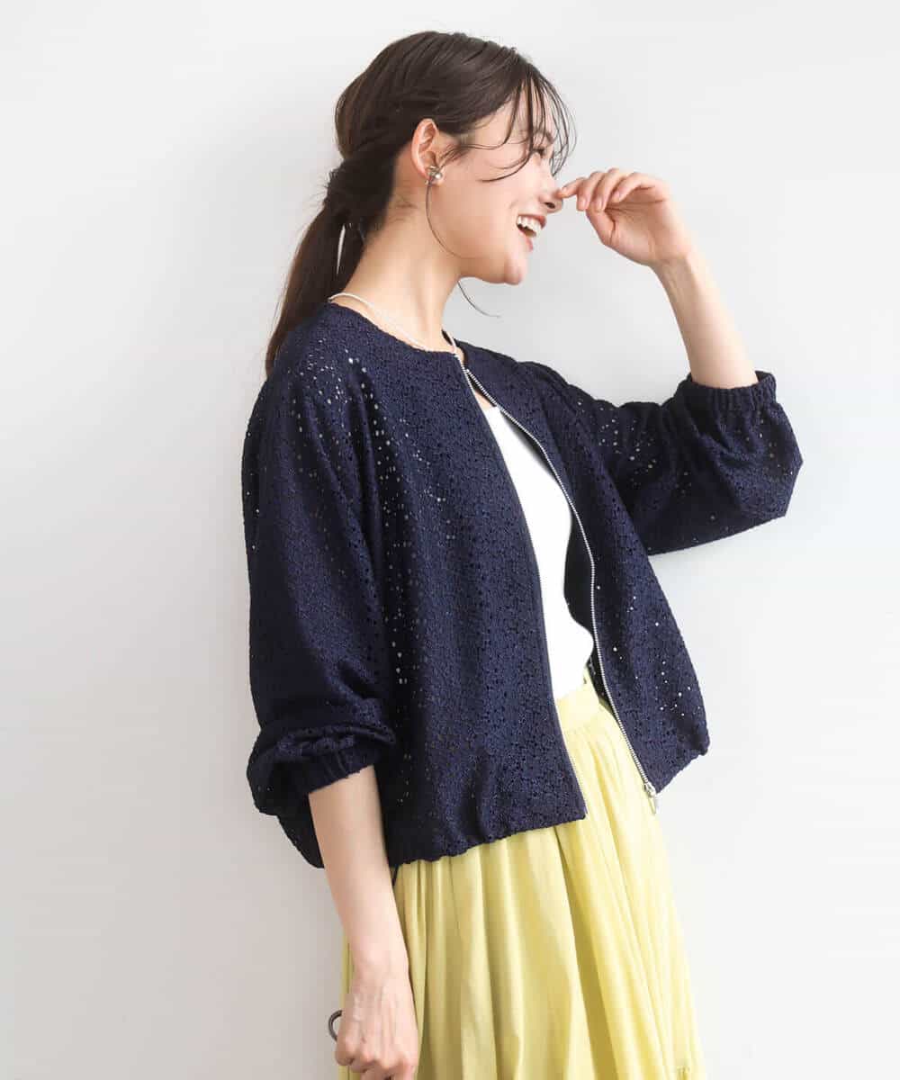 FKCGD40180 MK MICHEL KLEIN(MK ミッシェルクラン) 花柄ラッセルレースジップアップブルゾン/洗える ネイビー