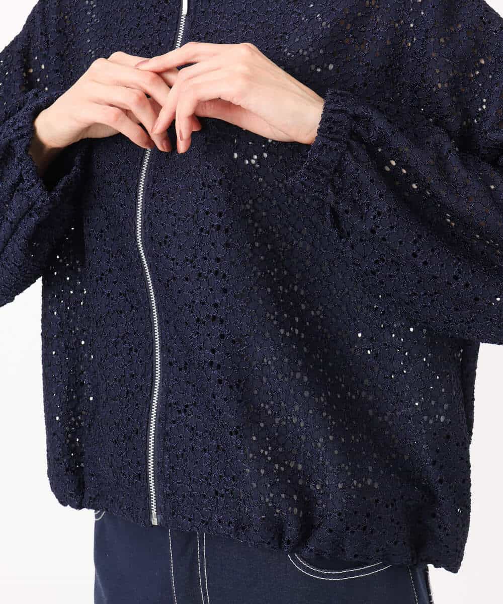 FKCGD40180 MK MICHEL KLEIN(MK ミッシェルクラン) 花柄ラッセルレースジップアップブルゾン/洗える ネイビー