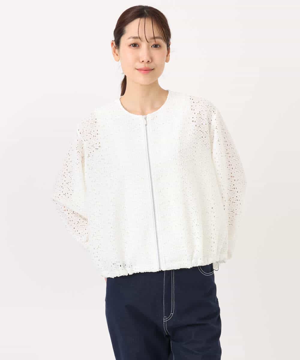 FKCGD40180 MK MICHEL KLEIN(MK ミッシェルクラン) 花柄ラッセルレースジップアップブルゾン/洗える ネイビー