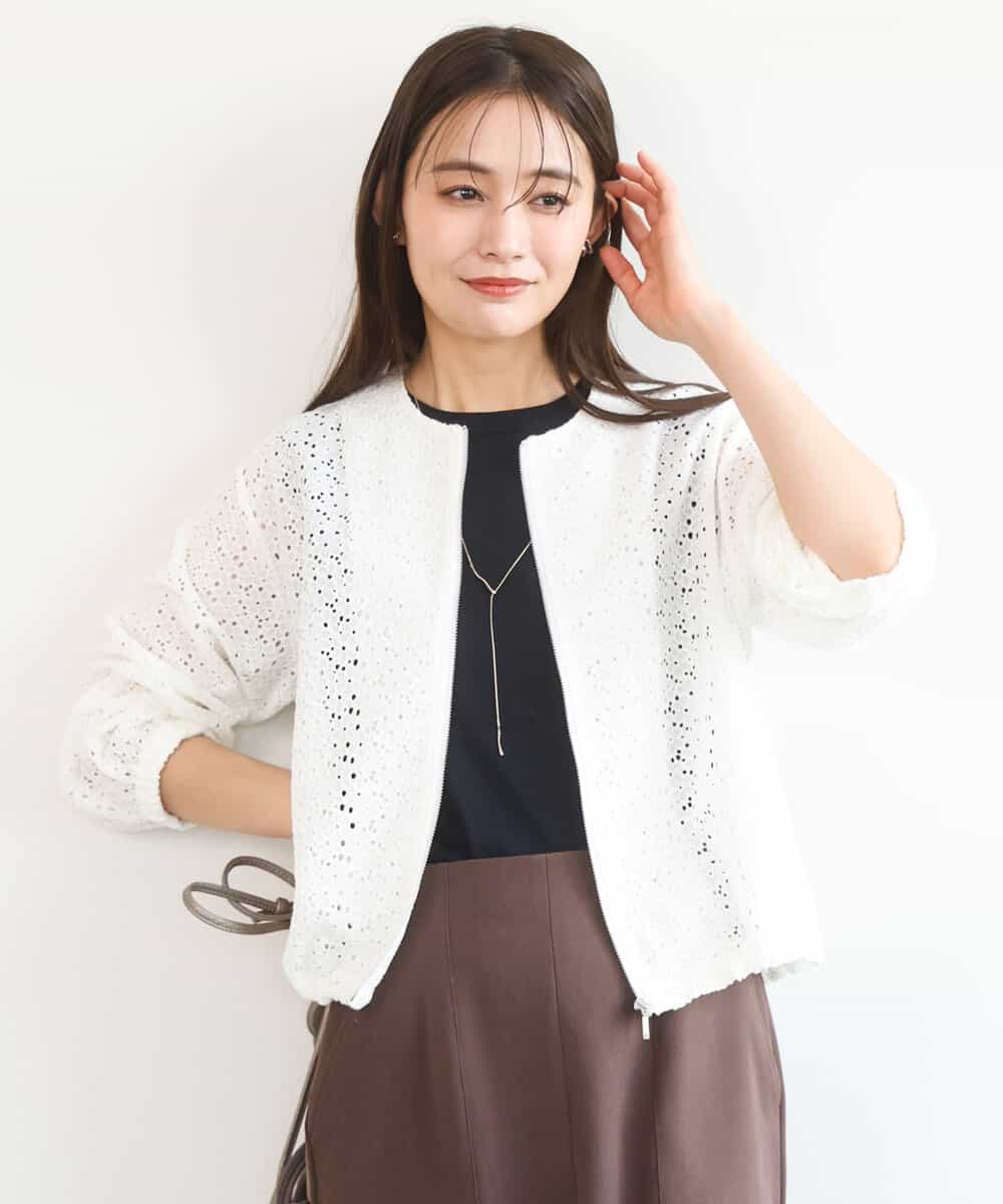 FKCGD40180 MK MICHEL KLEIN(MK ミッシェルクラン) 花柄ラッセルレースジップアップブルゾン/洗える ホワイト