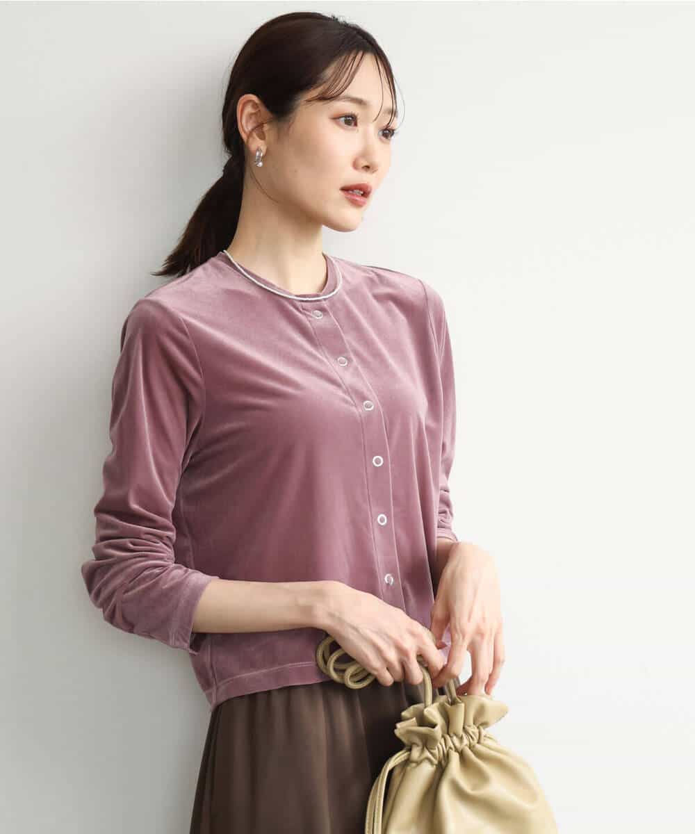 FKCJD24140 MK MICHEL KLEIN(MK ミッシェルクラン) [洗える]シアーベロア カーディガン モカベージュ