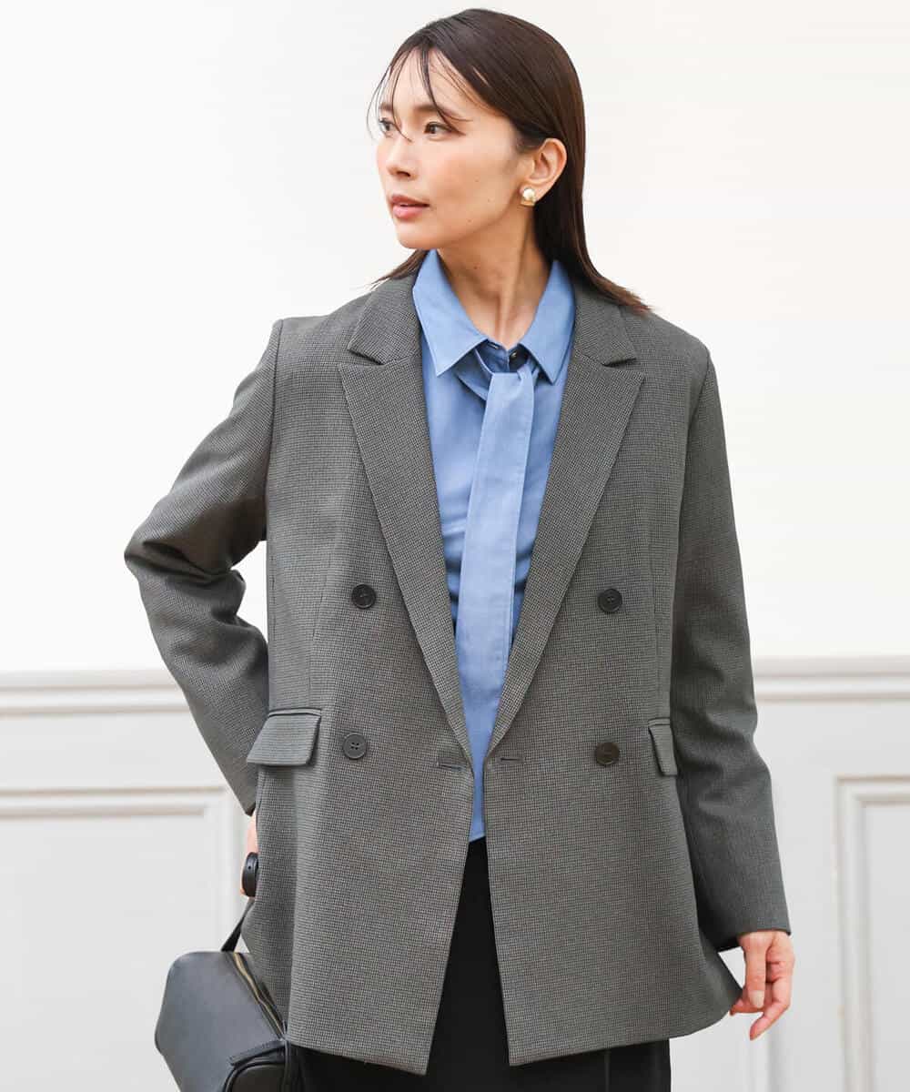 FKDAG55250 MK MICHEL KLEIN(MK ミッシェルクラン) [洗える/イージーケア/抗ピリング/ナチュラルストレッチ]ダブルブレストジャケット（チェック柄） ダークグレー