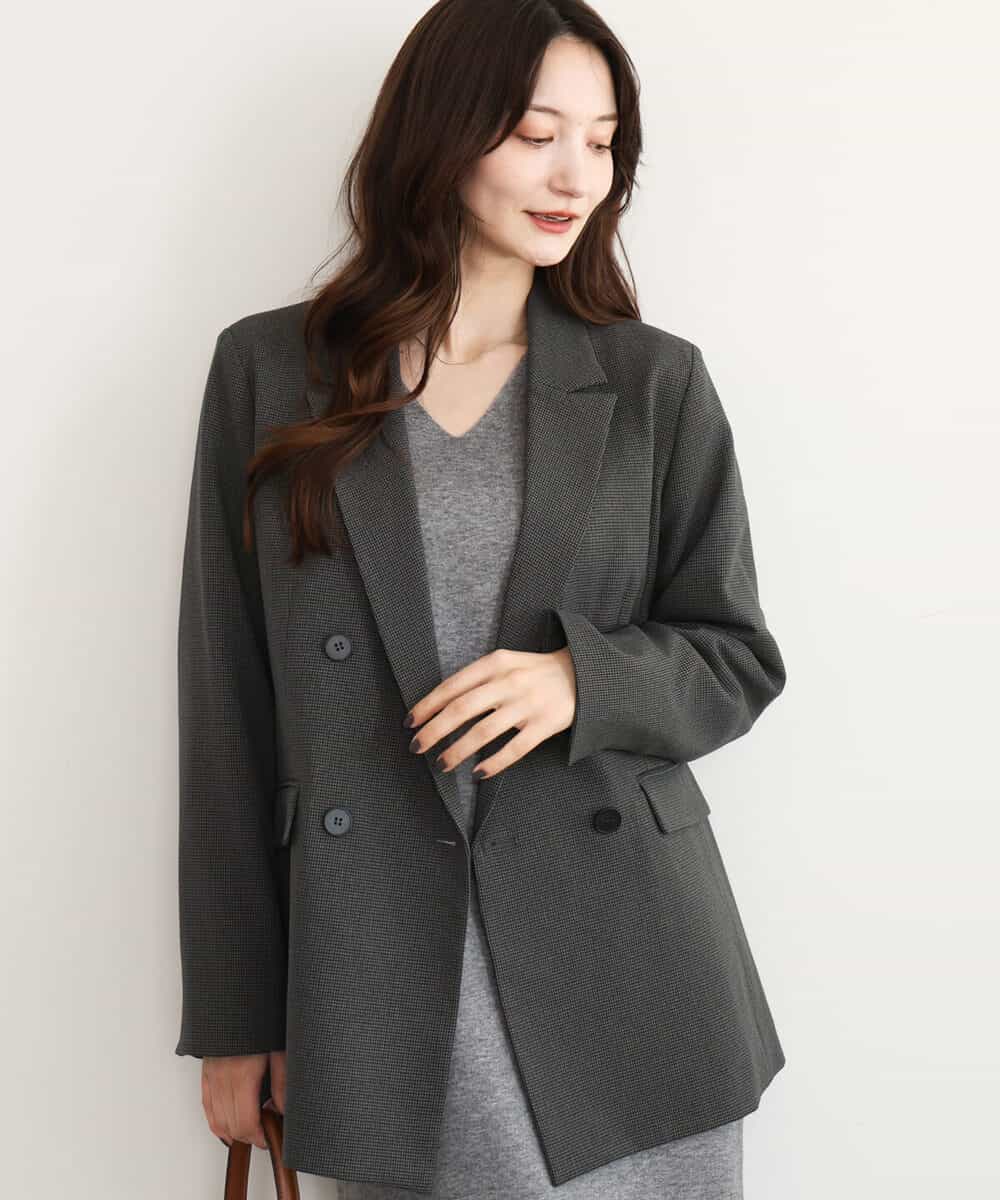 FKDAG55250 MK MICHEL KLEIN(MK ミッシェルクラン) [洗える/イージーケア/抗ピリング/ナチュラルストレッチ]ダブルブレストジャケット（チェック柄） ダークグレー